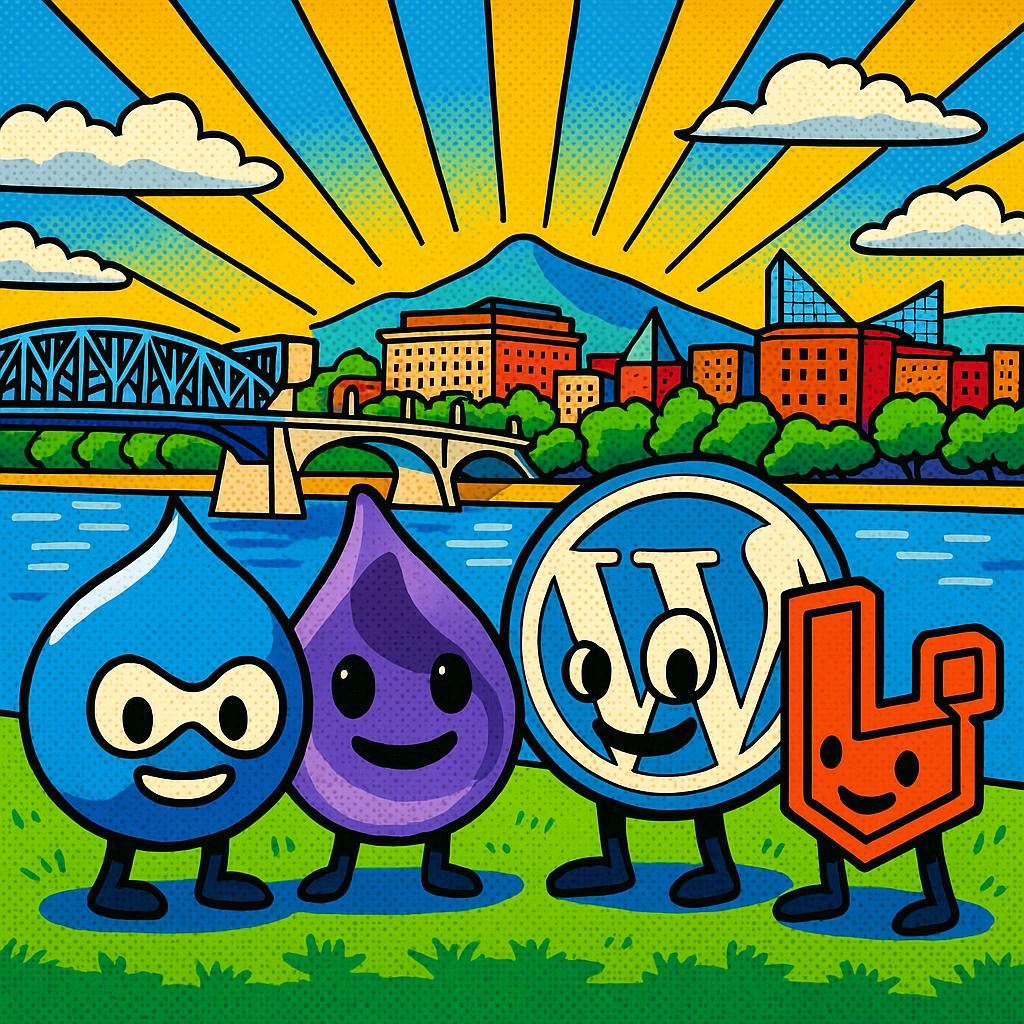 Drupal Elixir WordPress and Laravel logos hanging out in Chattanooga